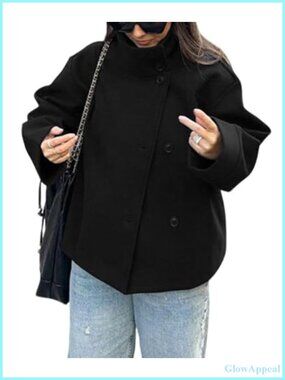 Women's Wool Blend Crop Pea Coat Short Casual Jacket Winter Warm